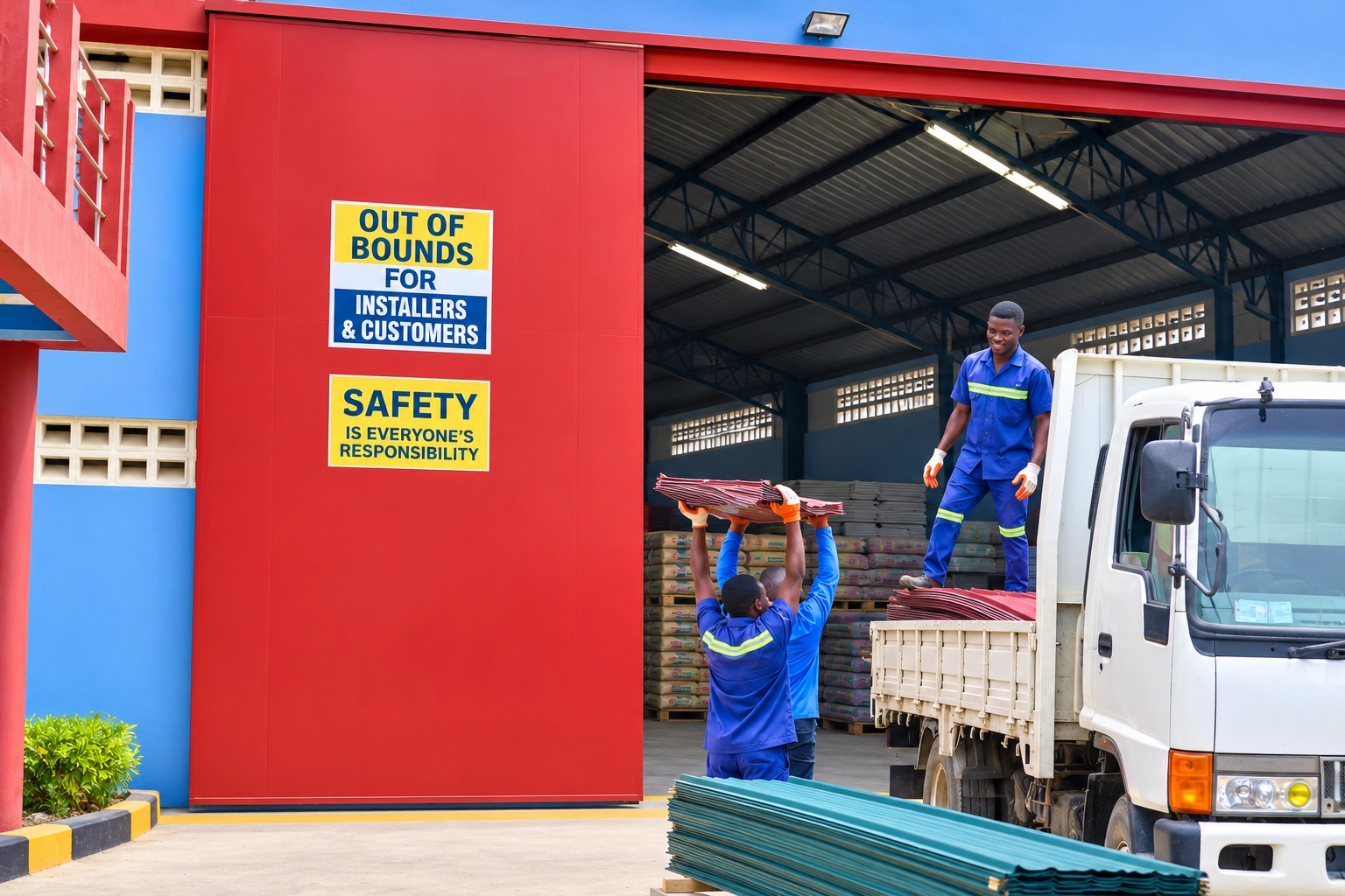 Workers Loading Roofing Sheets At Warehouse – KK Peprah other and roofing solutions in Ghana